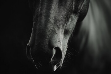 Capturing the essence of a horse's muzzle with fine textures illuminated against a dark background, highlighting the beauty and strength of this majestic animal