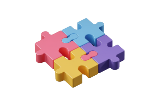 Four colorful puzzle pieces interlock, symbolizing connection, teamwork, and problem-solving. background removed