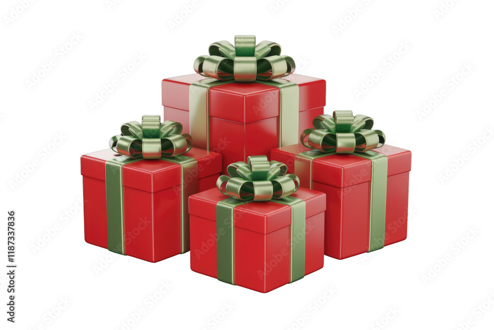 Poster four red gift boxes with green ribbons, arranged in a pyramid shape on a transparent background. bac