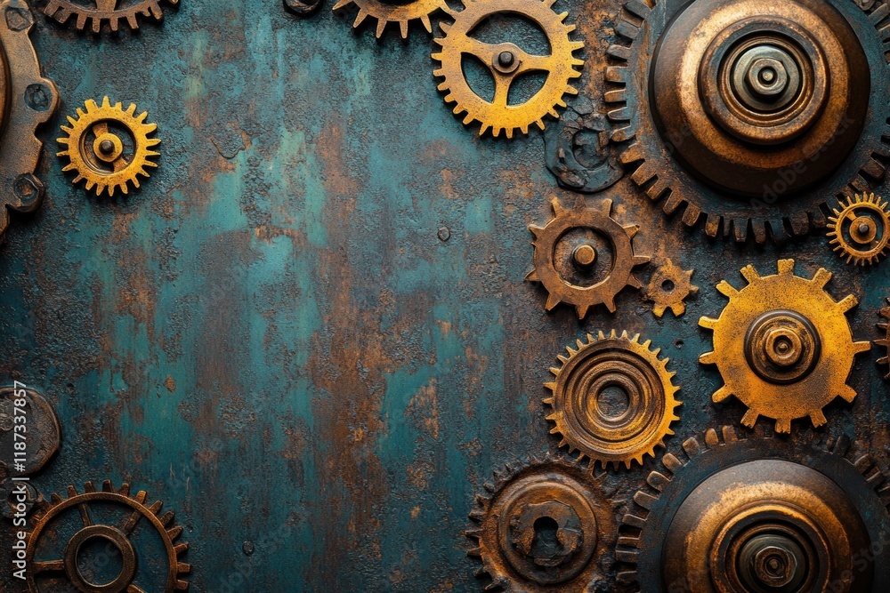 Poster a detailed display of steampunk machinery featuring an array of gears, cogs, and industrial elements