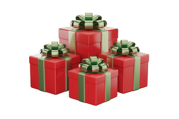 Obraz premium Four red gift boxes with green ribbons, arranged in a pyramid shape on a transparent background. background removed
