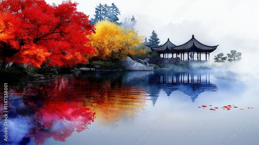 Poster a beautiful painting of a pond with a bridge and trees in the background