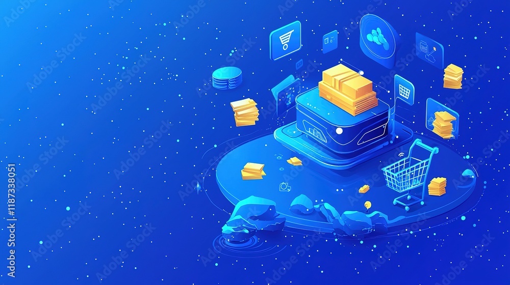 Poster ecommerce growth dynamics visualizing digital expansion strategies in a futuristic environment
