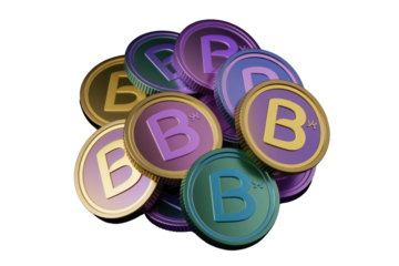 A pile of colorful Binance cryptocurrency coins, each featuring the Binance 'B' logo. background removed
