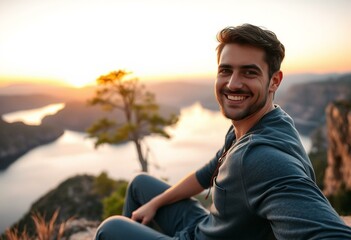 Male digital nomad sitting on a cliff overlooking a lake at sunset