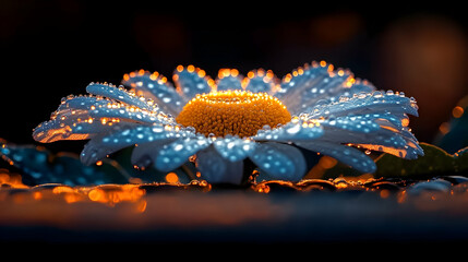 Dew-kissed daisy at sunset, glowing petals.