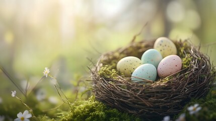 Obraz premium Rustic bird nest decorated with colorful speckled eggs nestled in greenery during a serene spring day