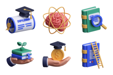 3D render of education and knowledge icons, including diplomas, brain, books, and growth. background removed