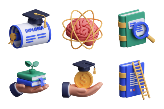 3D render of education and knowledge icons, including diplomas, brain, books, and growth. background removed