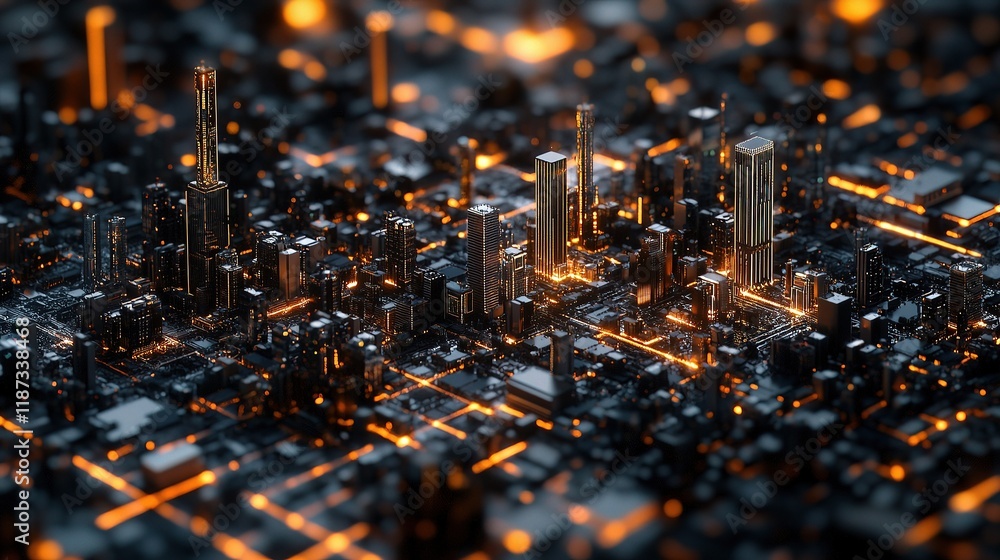 Poster 3d neon microchip city grid animation with spinning lines and scale