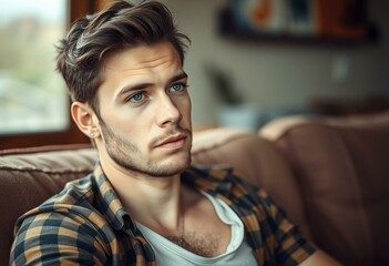 Male hipster with contemplative expression, gazing into the distance