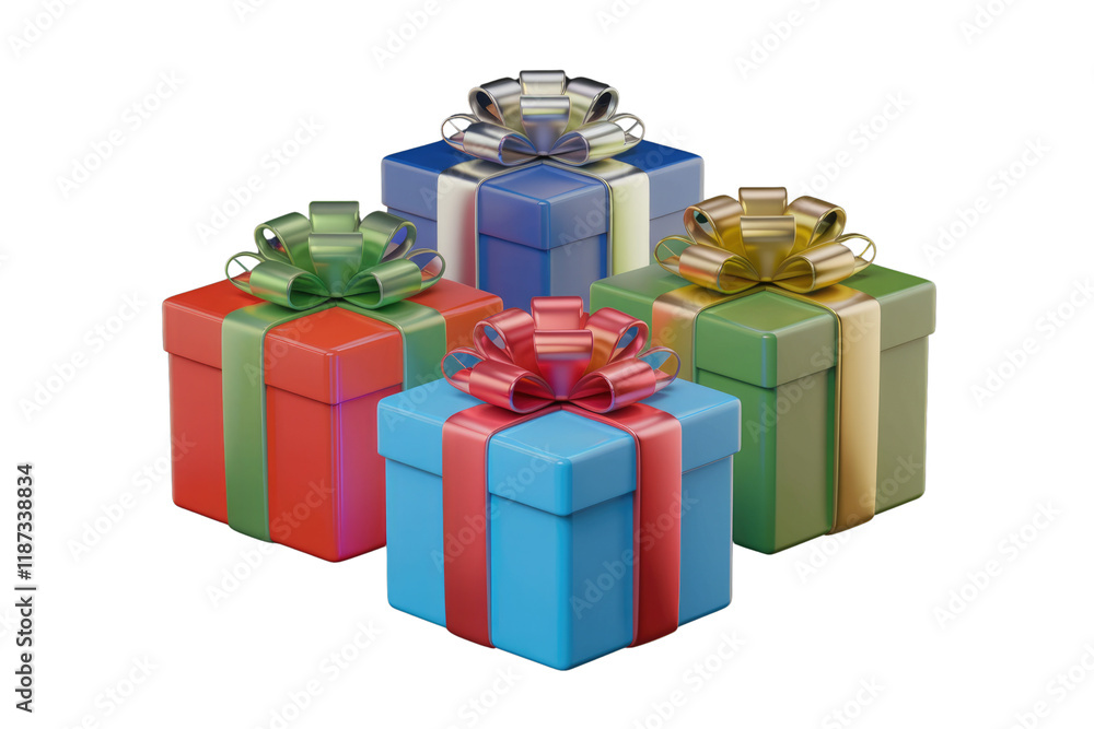 Poster four colorful gift boxes with metallic bows, isolated on transparent background. background removed