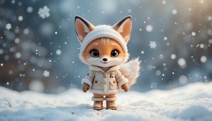 3D Cartoon Character Fox in Snowy Winter Wonderland Wearing a Warm Outfit
