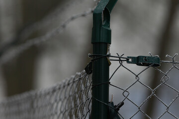 A chainlink fence topped with barbed wire stands amidst blurred trees that are shrouded in thick fog, creating a mysterious atmosphere