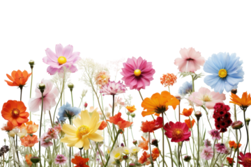 Colorful wildflowers bloom in a vibrant field during early spring showcasing diverse petals and hues