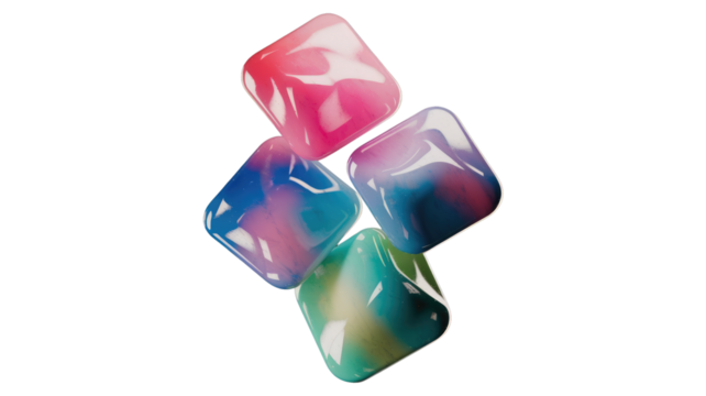 Four vibrant, translucent diamond shapes float against a dark background, showcasing a gradient of colors. background removed - Powered by Adobe