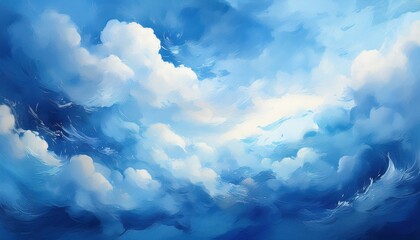 Striking Abstraction of a Cloudy Blue Sky with a Watercolor Effect A Mesmerizing Blend of Sky and Water, Exuding Tranquility and Serenity.