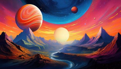 Striking Mountain Range Scenery with Colorful Cosmic Planets in the Sky Above Abstract Artwork Showcasing Vivid Colors, Textured Mountains, and Intergalactic Wonders