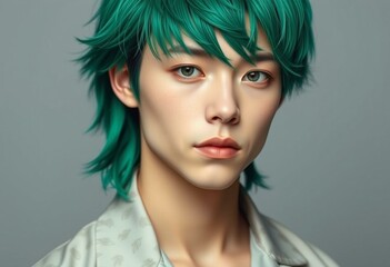 Fototapeta premium Male portrait with green hair and subtle patterned outfit
