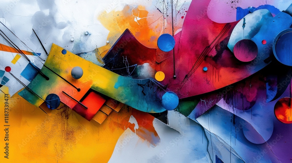 Poster a colorful abstract painting with many different shapes and colors