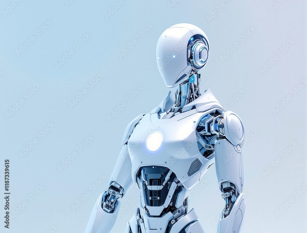 Poster futuristic humanoid robot with advanced ai and sleek design on minimalist background