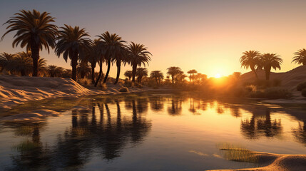 Obraz premium Oasis in the desert with palm trees and water