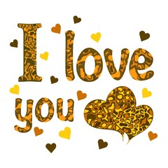 Drawing of couple heart with leopard pattern inside, love iconic slogan typography t shirt graphic. 