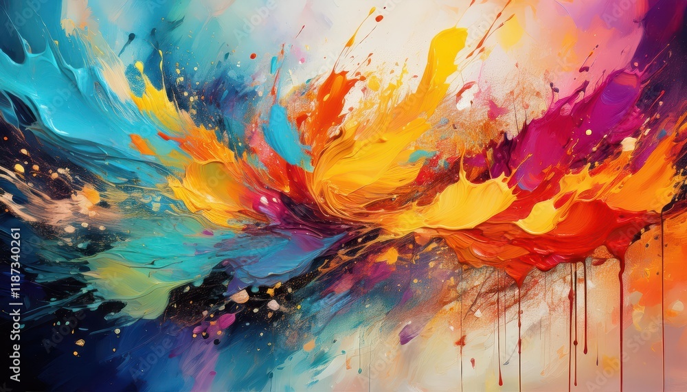 Poster vibrant abstract painting colorful splashes in harmonious grouping on canvas, showcasing a symphony 