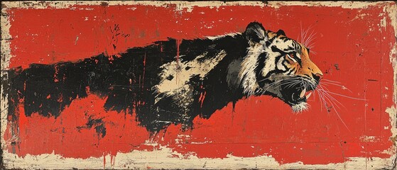 Growling tiger painting on rustic red wood background.
