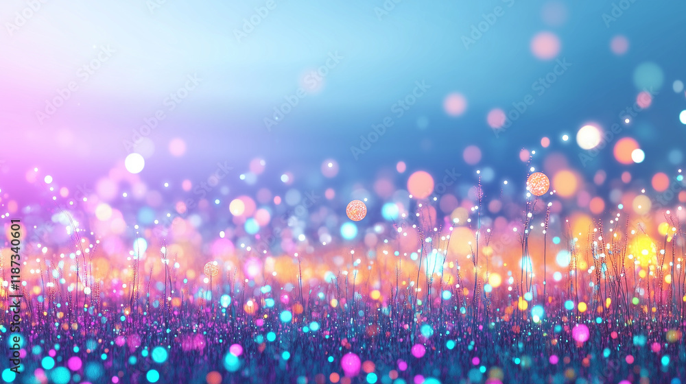 Poster glowing flowers in an abstract background with colorful lights creating a magical landscape