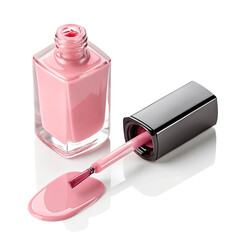 Pink nail polish bottle with brush and drop of polish on transparent background. PNG
