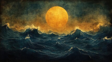 Grunge ocean waves under large golden moon, dramatic seascape.