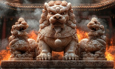 Guardian lion statues at temple amidst fire and smoke, spiritual protection.