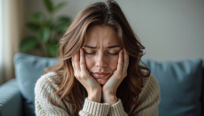 woman with headache sitting on a couch in a cozy indoor setting