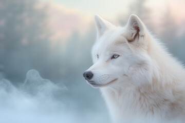 Obraz premium Portrait of a beautiful white wolf in the winter forest.