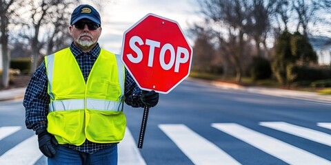 school crossing guard holding "STOP" sign in crosswalk 
