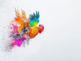 Obraz premium Colorful Rooster in Motion with Dynamic Splashes of Paint and Smoke Creating a Vivid and Eye-Catching Visual Representation of Freedom and Energy