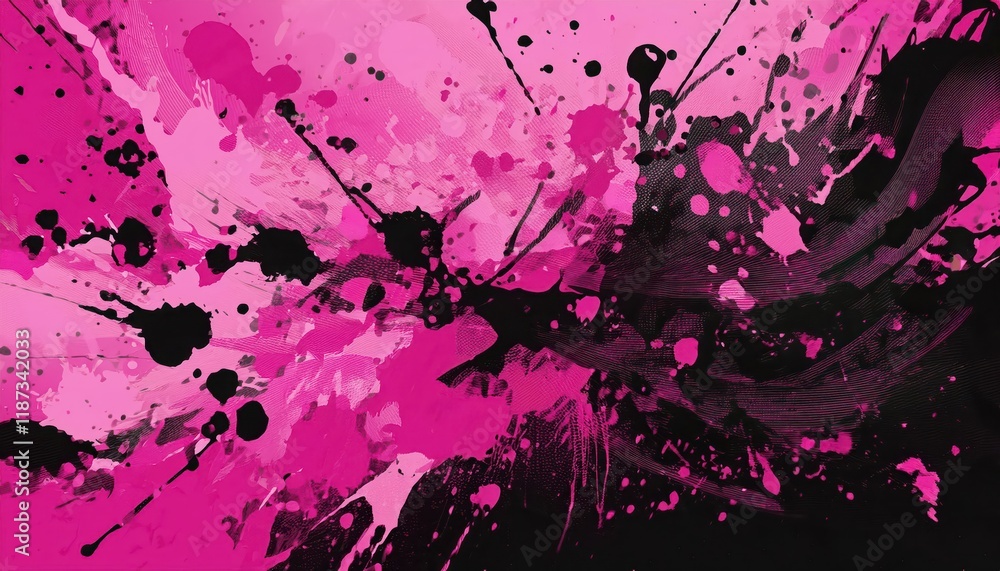 Poster vibrant abstraction exploring a stunning composition of pink and black paint splatters, merging arti