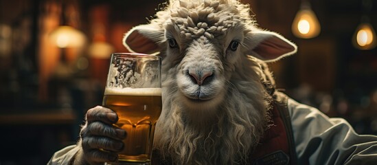 Funny portrait of a Sheep with a glass