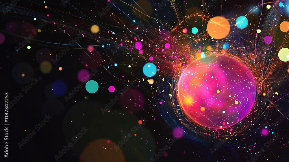 Poster brightly colored data visualization with technology and planet motifs