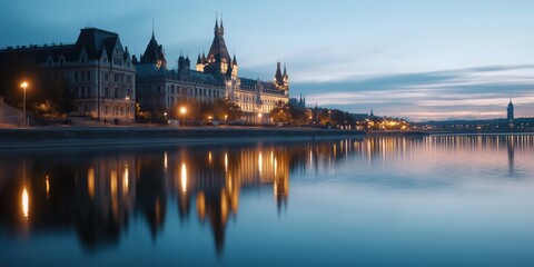Obraz premium An enchanting view of a historic city lights reflected in the calm waters of a lake showcases the blend of architectural beauty and nature, inviting tranquility and nostalgia.