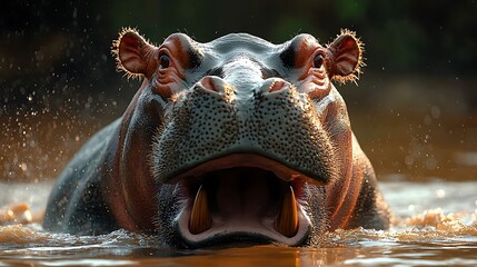 Fototapeta premium Closeup African hippopotamus in wildlife photography water splash high resolution hd picture