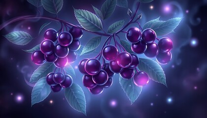Obraz premium Enchanted Berries: A Mystical Nighttime Still Life of Glowing Purple Fruit on a Branch