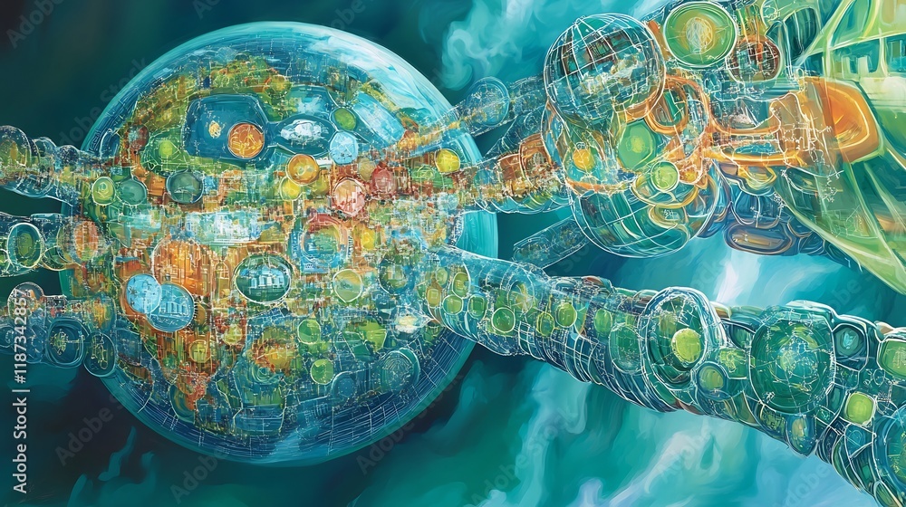 Poster Conceptual visualization of global governance showcasing layered globe icon interwoven patterns of policy connections