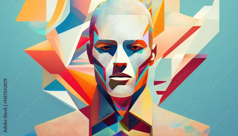 Poster striking abstract portrait of a man immersed in an ocean of vibrant swirls and intricate geometry, e