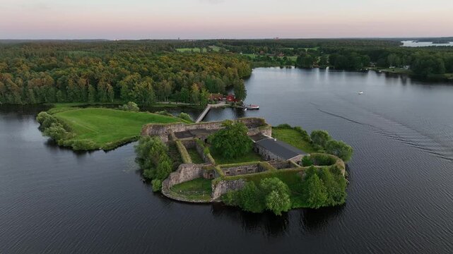Aerial footage of the Kronoberg Castle Ruin (Kronobergs Slottsruin) at sunset in, Vaxjo, Sweden