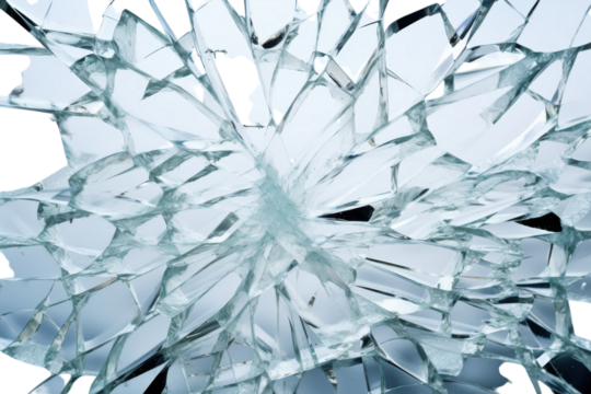Fractured glass displaying intricate patterns and sharp edges in a striking close-up during daylight
