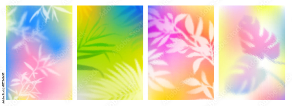 Aufkleber Summer Background with Gradient. Vector Palm Tree Leaf on Neon Colored Bg. Spring Posters Design with Overlay Plant Shadow Shade