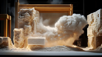 White powder explosion amidst textured blocks and wooden structures.