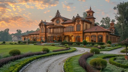 Elegant Historic Mansion Surrounded by Lush Green Gardens at Sunset
